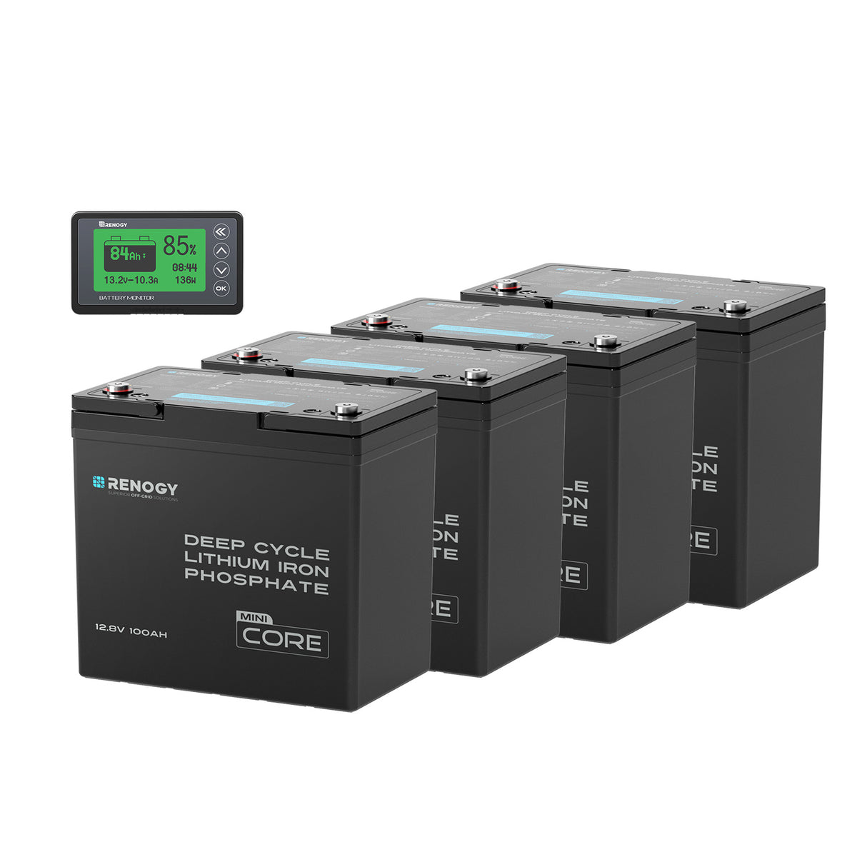Renogy Core Mini - 12V 100Ah Batteria al Litio LiFePO₄ - 4 Pezzi Con Monitor