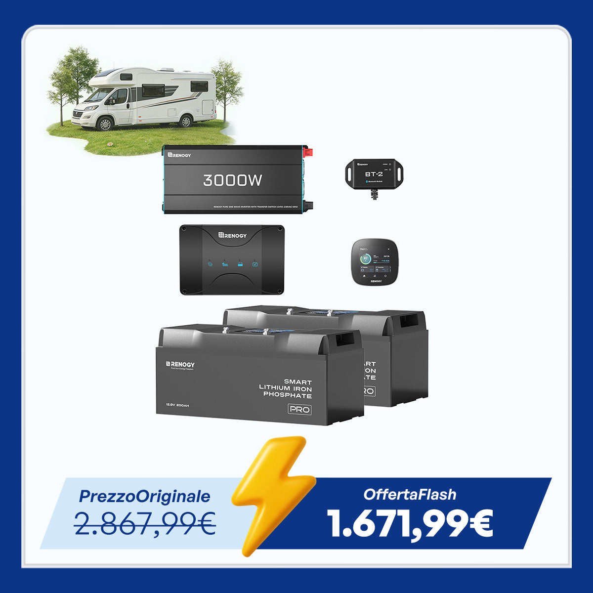 Kit Energetico per Camper 5,12 kWh – Inverter 3000W e Caricabatterie 50A