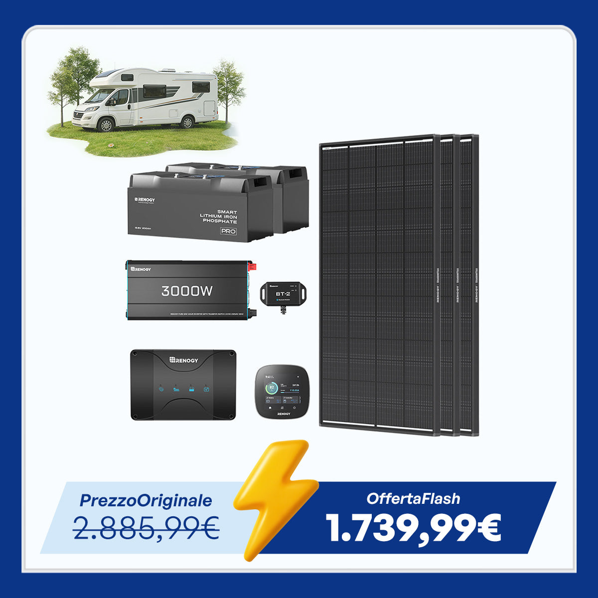Kit Energetico per Camper 5,12 kWh – Inverter 3000W e Caricabatterie 50A