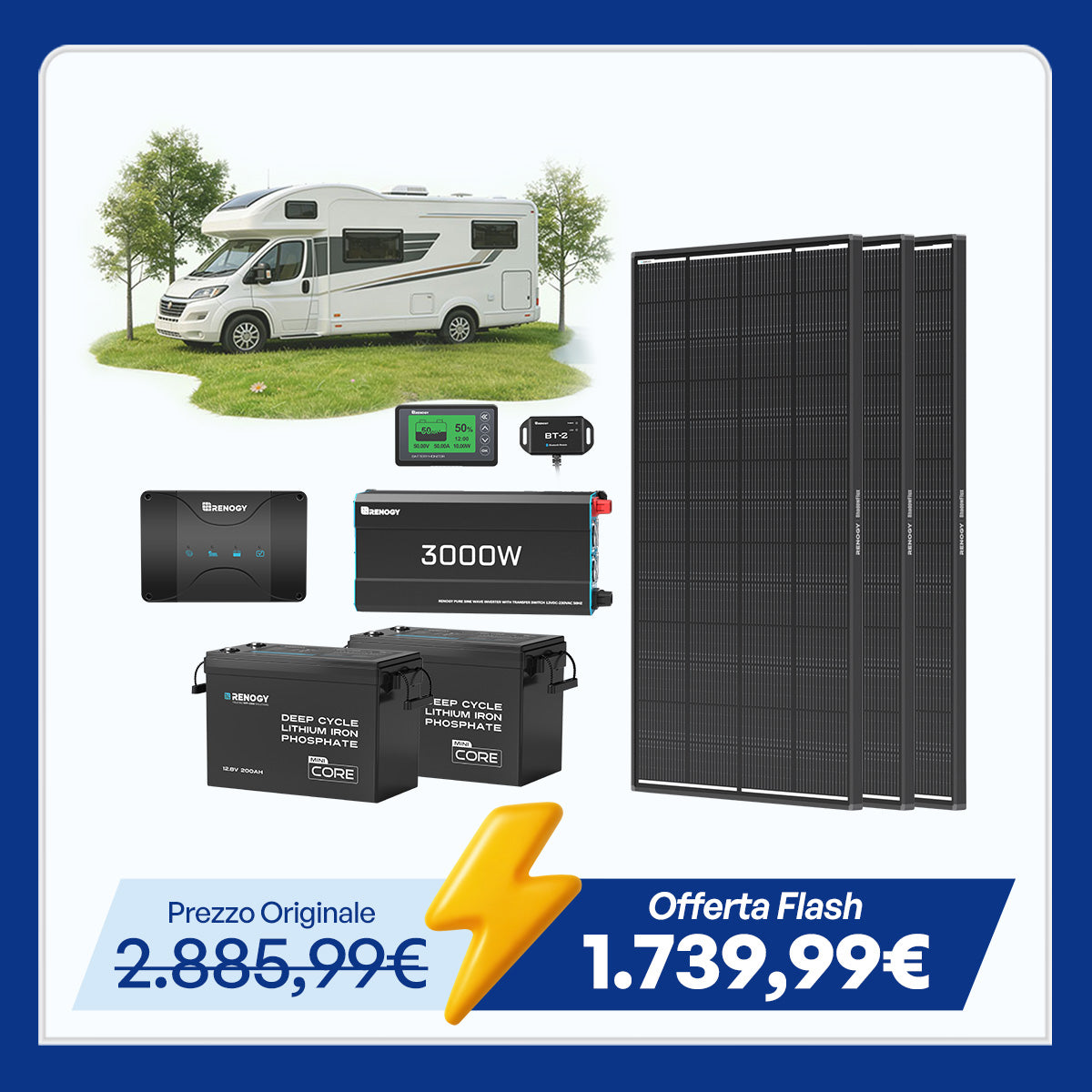 5,12 kWh Kit di Alimentazione per Caravan | Inverter 3000W, Batteria Al Litio Ferro Fosfato 200Ah *2