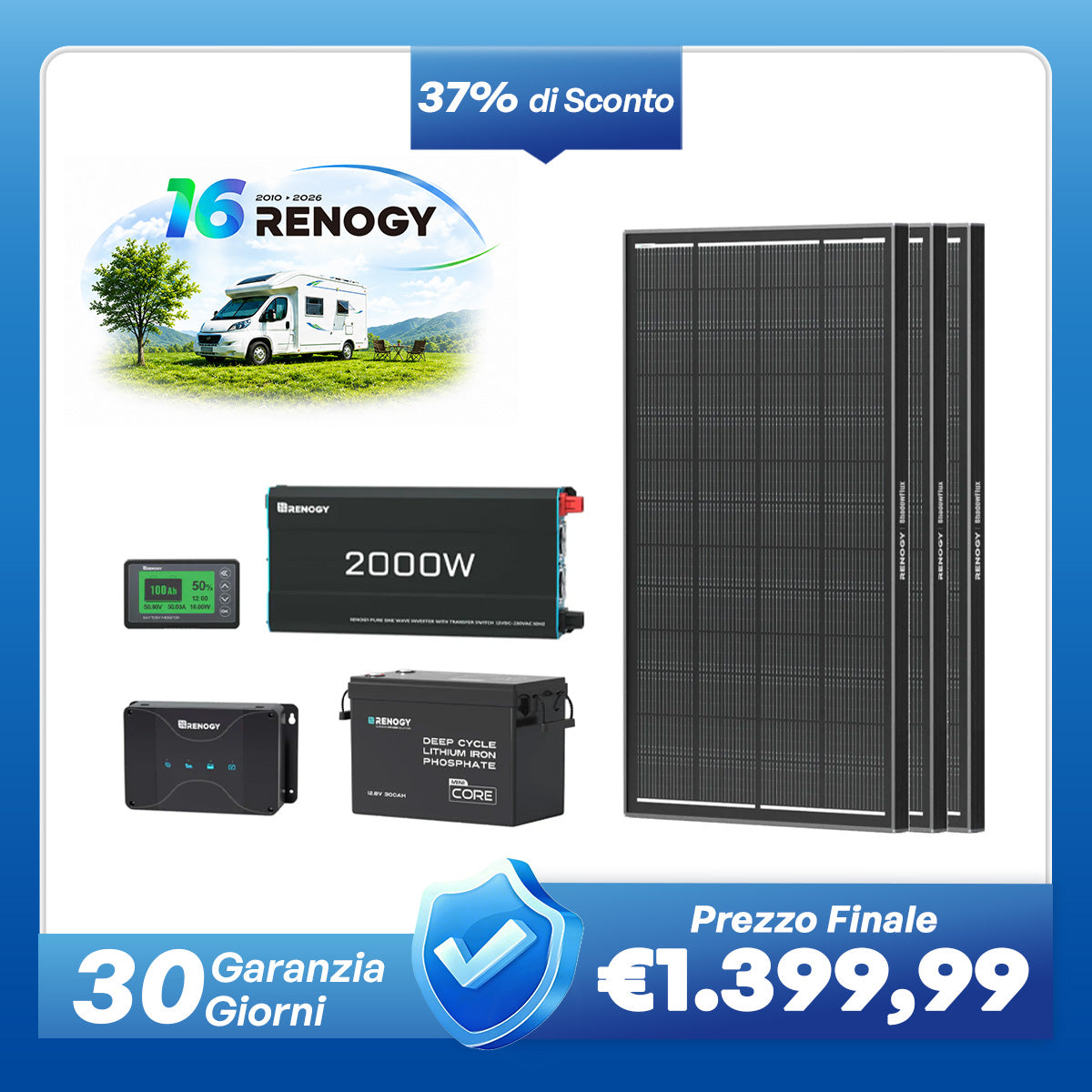 Kit di Alimentazione per Caravan da 3,84 kWh | Inverter 2000W, Caricabatterie da 50A