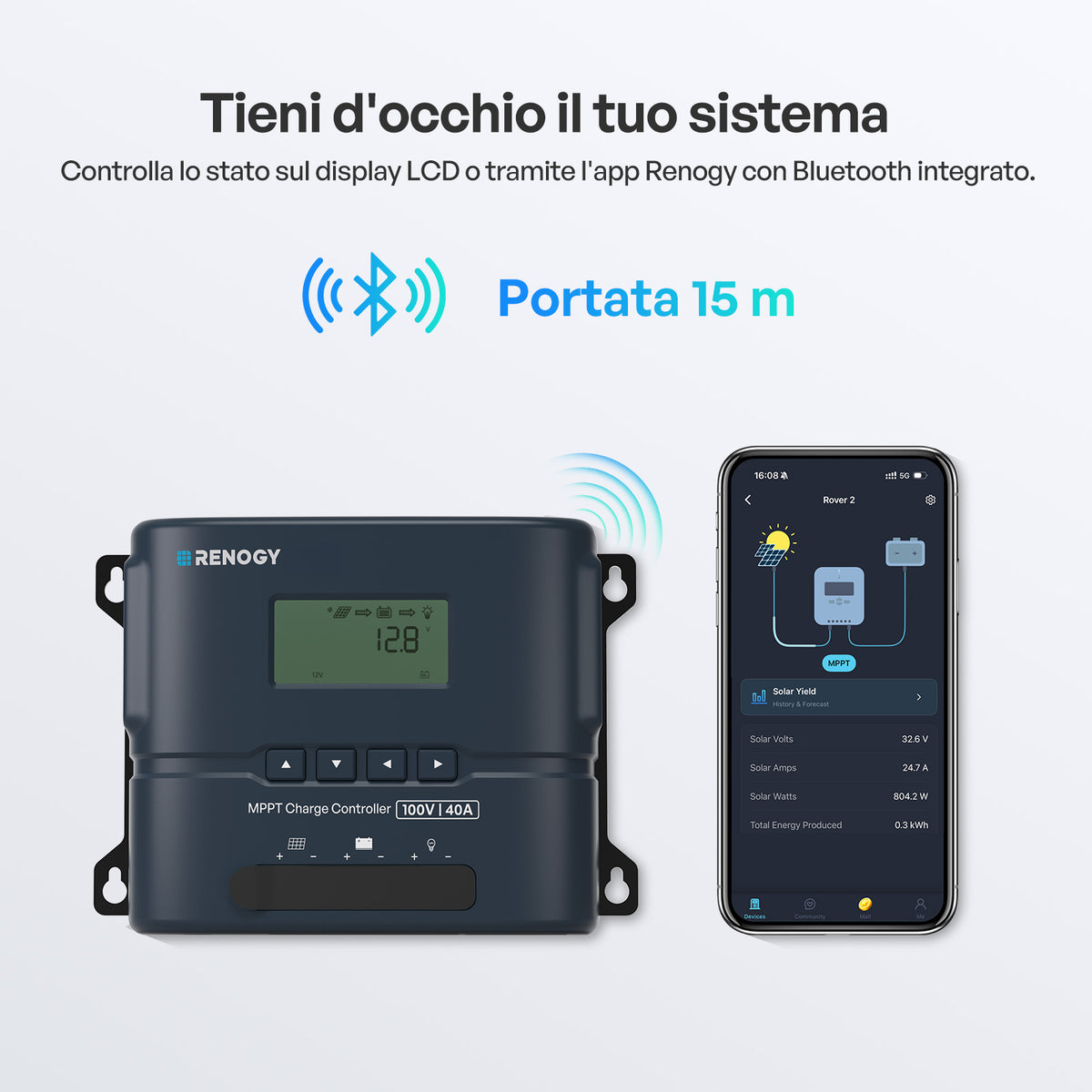 Regolatore di carica MPPT compatto da 12V/24V 20A per Rover 2 con Bluetooth