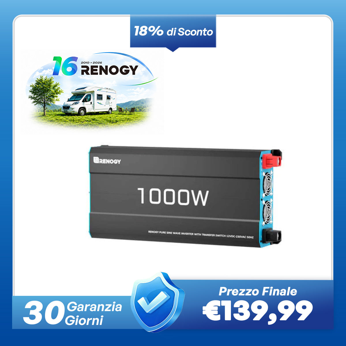 Inverter Solare 1000W 12V – Onda Sinusoidale Pura DC-AC per Camper, Motorhome e Sistemi Off-Grid