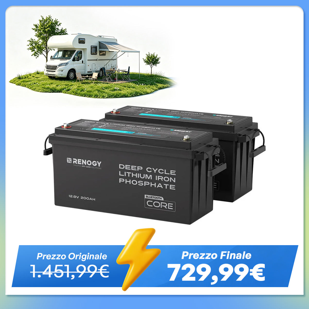 Core - 12V 200Ah Batteria al Litio LiFePO₄ con Bluetooth