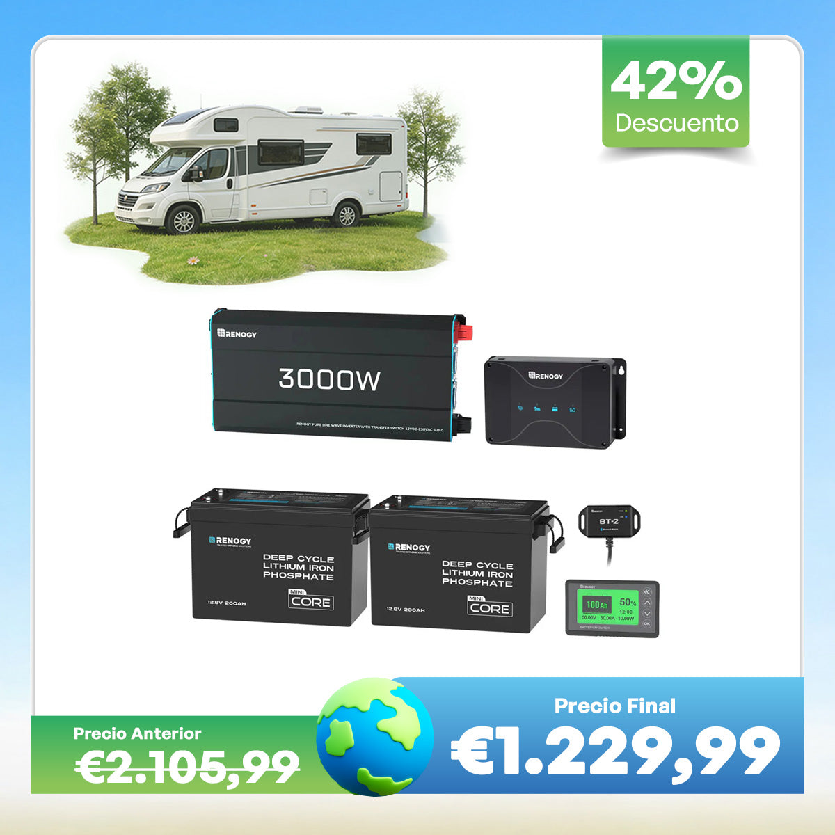 5,12 kWh Kit di Alimentazione per Caravan | Inverter 3000W, Batteria Al Litio Ferro Fosfato 200Ah *2