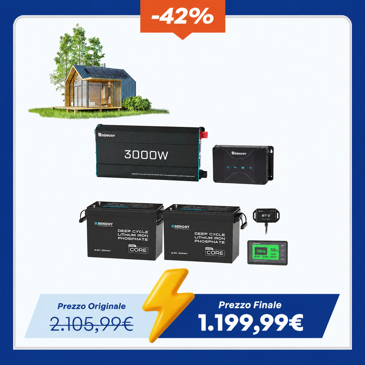 5,12 kWh Kit di Alimentazione per Caravan | Inverter 3000W, Batteria Al Litio Ferro Fosfato 200Ah *2