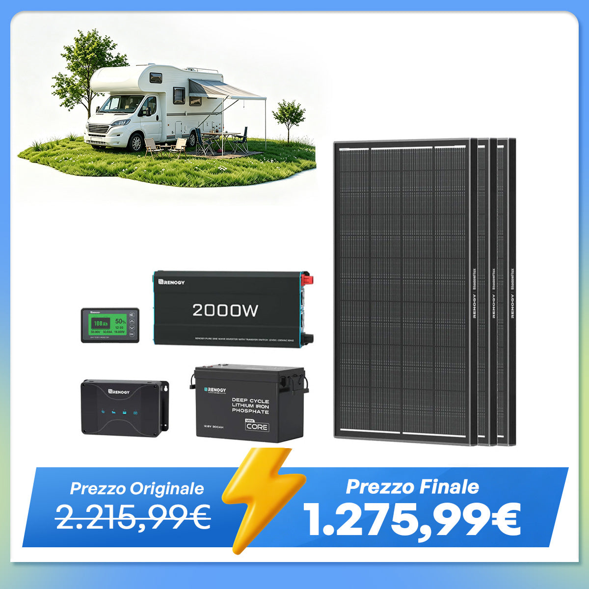 3,84 kWh Kit di Alimentazione per Caravan | Inverter 2000W, Caricabatterie da 50A