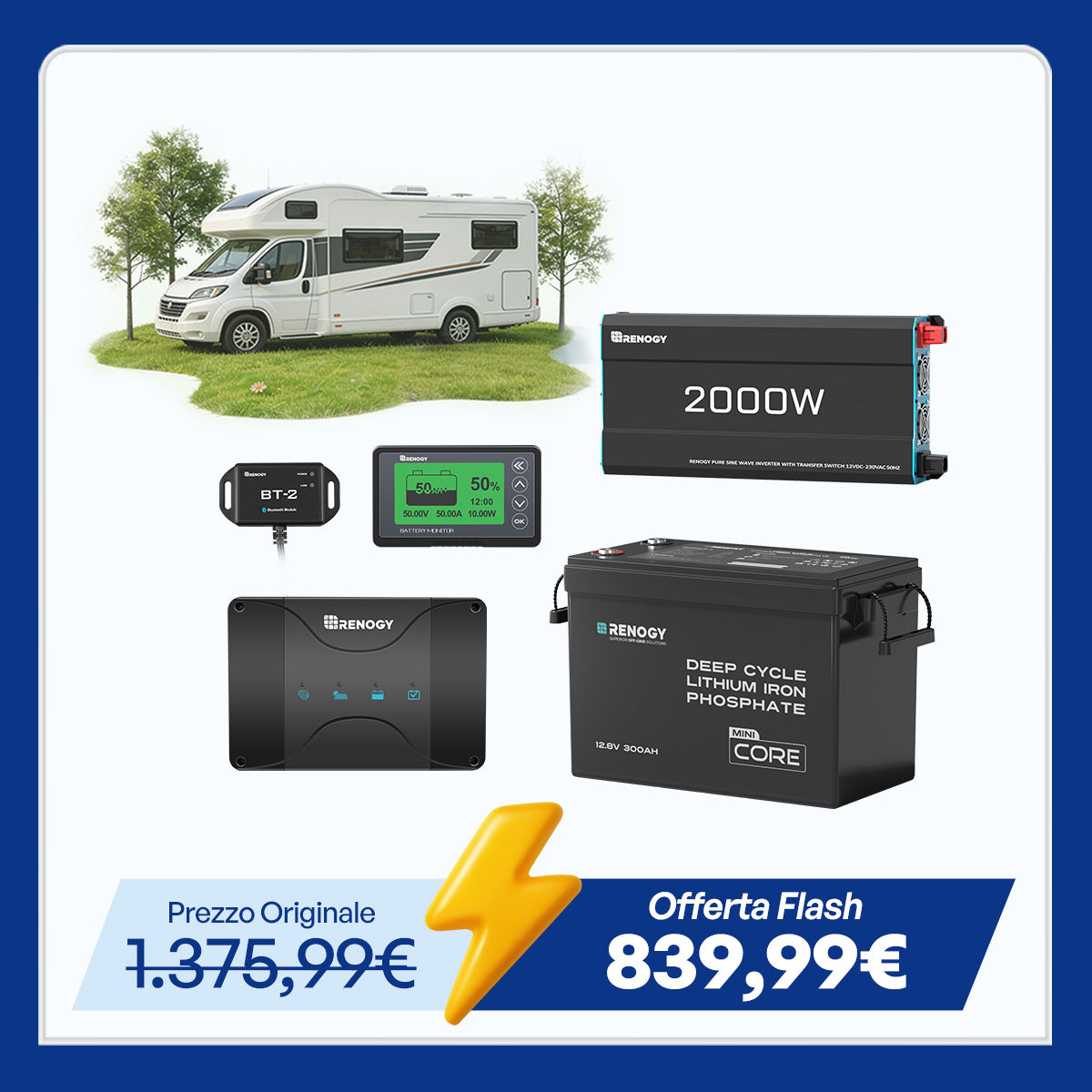 Kit di Alimentazione per Caravan da 3,84 kWh | Inverter 2000W, Caricabatterie da 50A