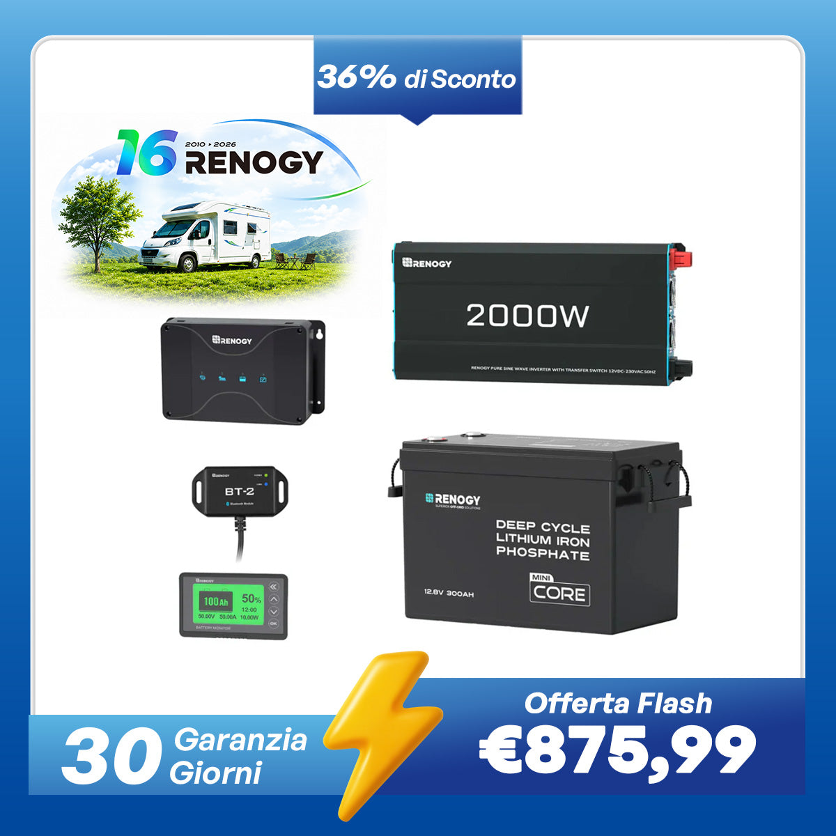 Kit di Alimentazione per Caravan da 3,84 kWh | Inverter 2000W, Caricabatterie da 50A