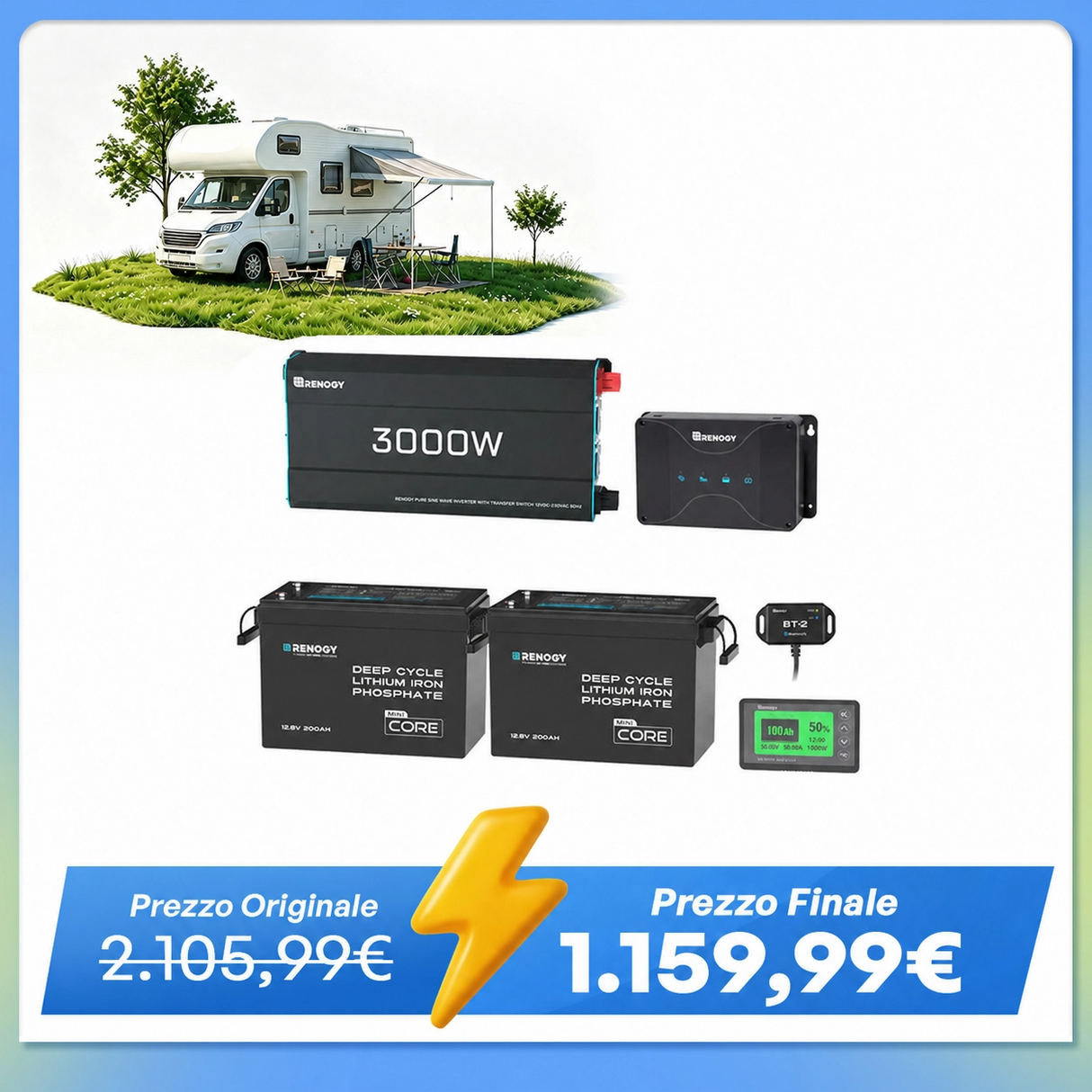 5,12 kWh Kit di Alimentazione per Caravan | Inverter 3000W, Batteria Al Litio Ferro Fosfato 200Ah *2